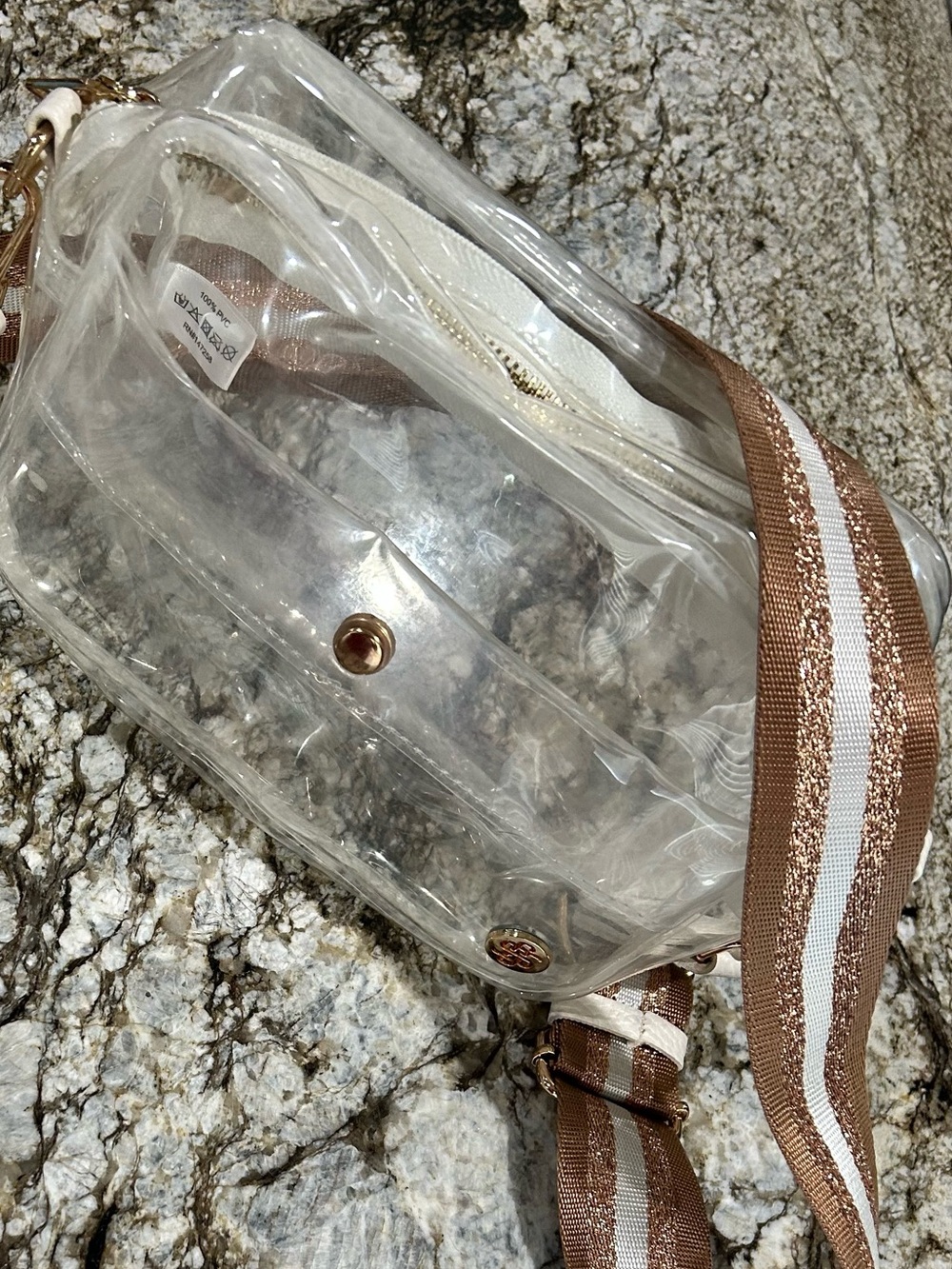 Simply southern clear bag with gold, heavy duty strap.